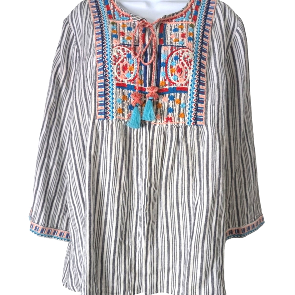 J. Jill Cream and Black Striped Embroidered Peasant Blouse with Colorful Tassels